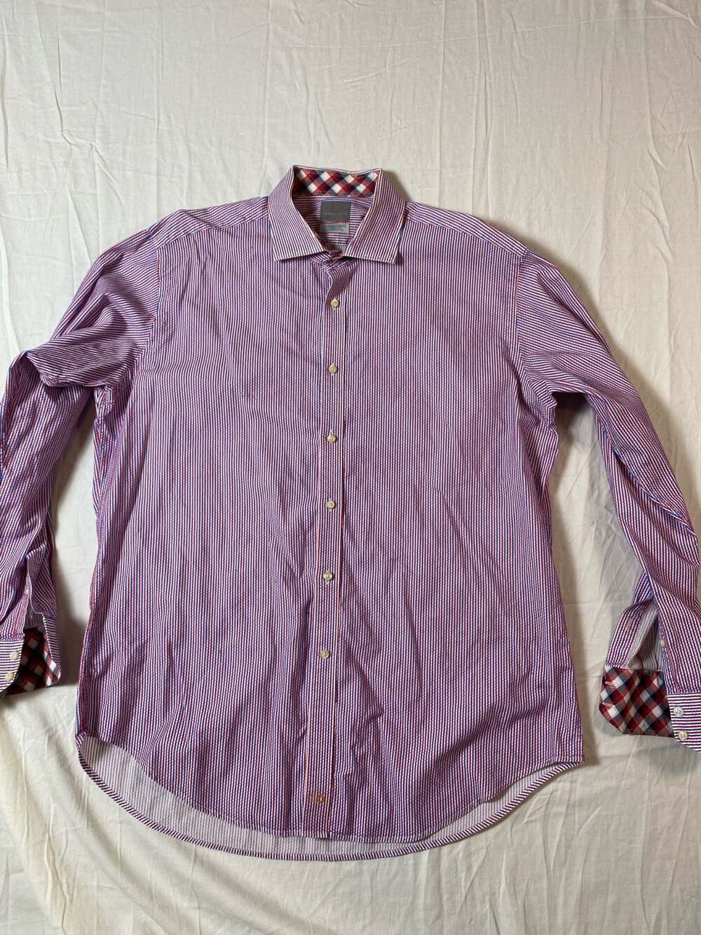 Thomas Dean Red/Blue Striped Shirt with Plaid Contrast Details, Size XL (1269)